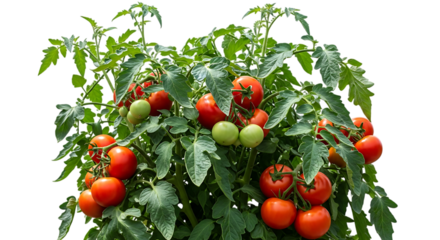 Ripe red and unripe green tomatoes, growing on a leafy green plant, cutout, PNG isolated on white or transparent background