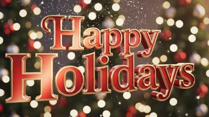 Happy Holidays 3D red text against Christmas tree with falling snow effect. Holiday season greeting for new year. - Powered by Adobe