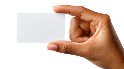Obraz premium Woman’s hand offering a blank white business card, shot with full frame camera, isolated on white background