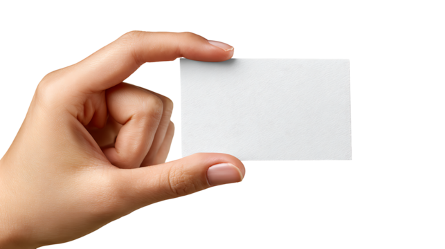 Woman’s hand offering a blank white business card, shot with full frame camera, isolated on white background