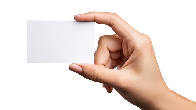Woman&rsquo;s hand offering a blank white business card, shot with full frame camera, isolated on white background
