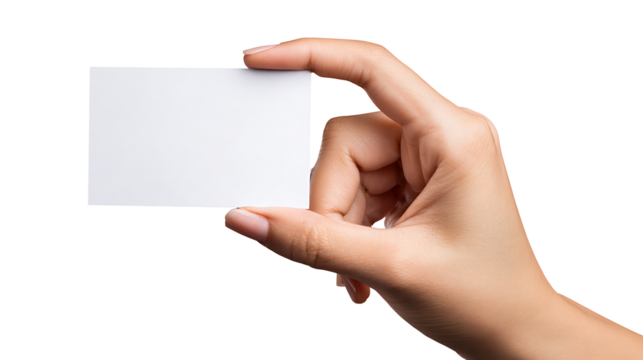 Woman’s hand offering a blank white business card, shot with full frame camera, isolated on white background