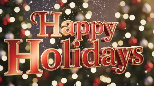 Happy Holidays 3D red text against Christmas tree with falling snow effect. Holiday season greeting for new year. - Powered by Adobe