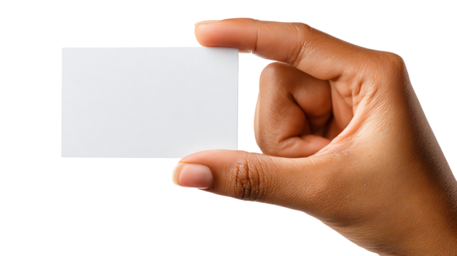 Woman’s hand offering a blank white business card, shot with full frame camera, isolated on white background