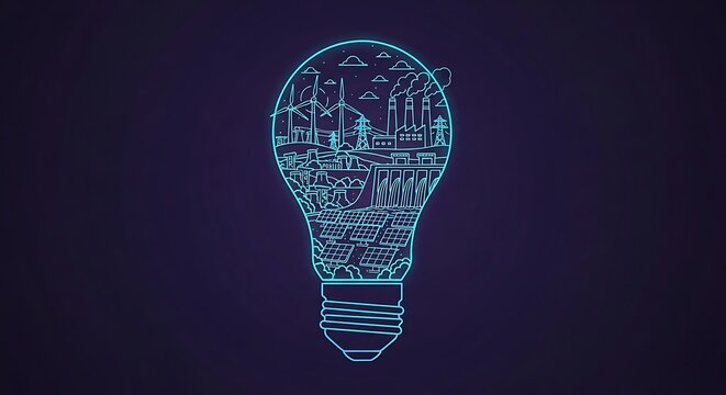 Glowing Neon Lightbulb Illustration Showcasing Diverse Energy Sources Including Wind Power Solar Farms Hydroelectric Dams and Industrial Power Plants Inside the Filament Shape on a Dark Back