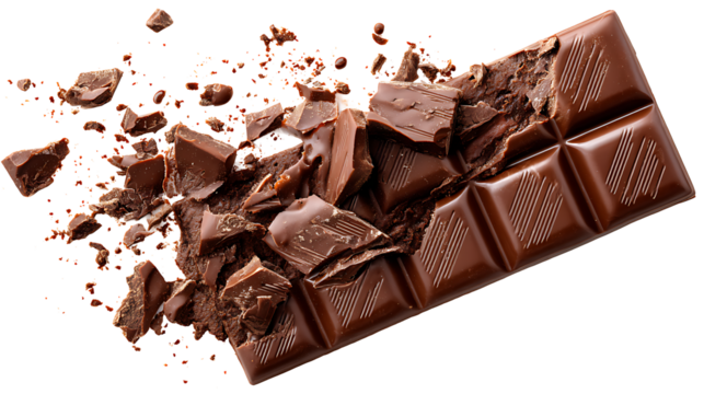 Open chocolate bar with broken pieces and melting detail, realistic, shot with full frame camera, isolated on white background.