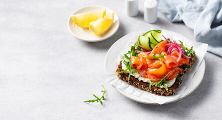Salmon toast with fresh cucumber, pickled onion, cream cheese and arugula salad on a white plate. Copy space. Close up.