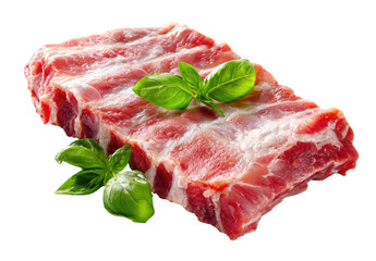 Fresh pork ribs, slightly marbled, with basil leaves