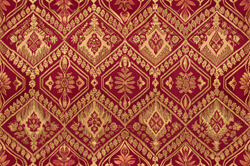 Thai Silk Red and Gold Fabric Pattern with Antique Ornament Textile Design Traditional Luxurious Fashion Decorating Arts and Crafts Eastern Culture Royal Vintage Brocade
