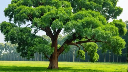 Large and Lush Green Tree with Expansive Foliage in a Serene Field Landscape