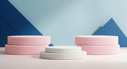 Pink and white geometric podiums on a light blue background with abstract shapes