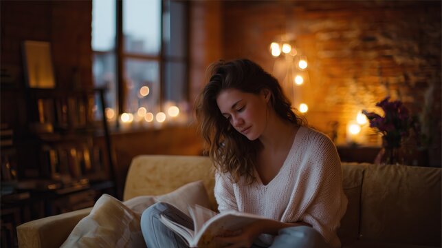 Cozy evening reading by candlelight in a warm, inviting living space