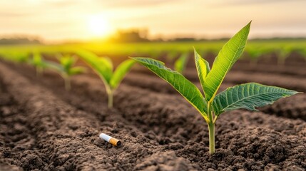 Fototapeta premium Cigarette leaves thrive under radiant sunset, casting a serene glow over the tranquil field in the distance