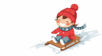 Smiling child sledding downhill on snowy slope child on toboggan hill