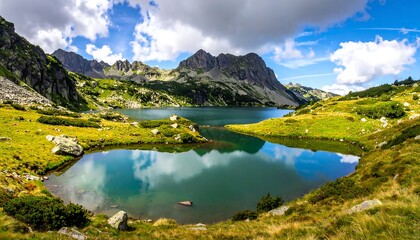 Scenic mountain lake reflects sky and peaks, surrounded by meadows with grasses under cloudy blue sky