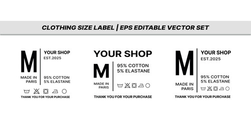 Obraz premium Editable Minimalist Clothing Size Labels Set, Vector Template for Garment Tags, Care Symbols, Fabric Composition, Label Design EPS