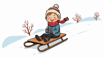 Happy child gliding on wooden sled across snowy slope child on toboggan hill