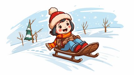 Smiling child riding sled through winter field child on toboggan hill