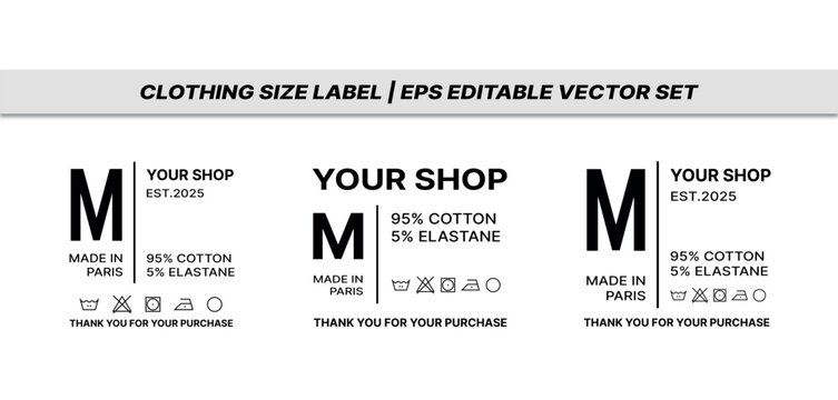 Editable Minimalist Clothing Size Labels Set, Vector Template for Garment Tags, Care Symbols, Fabric Composition, Label Design EPS