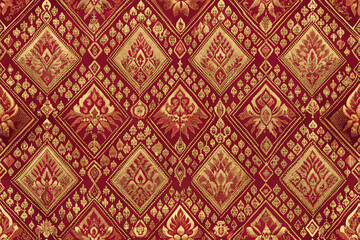 Red and Gold Thai Silk Fabric Pattern with Antique Ornament Textile Design Luxurious Traditional Fashion Decorating Arts Crafts Eastern Culture Royal Vintage Brocade