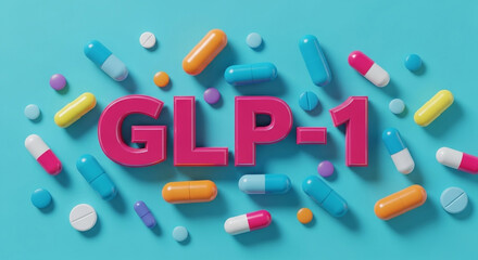 A colorful arrangement of glp 1 text and various pills on a light blue background in a studio shot