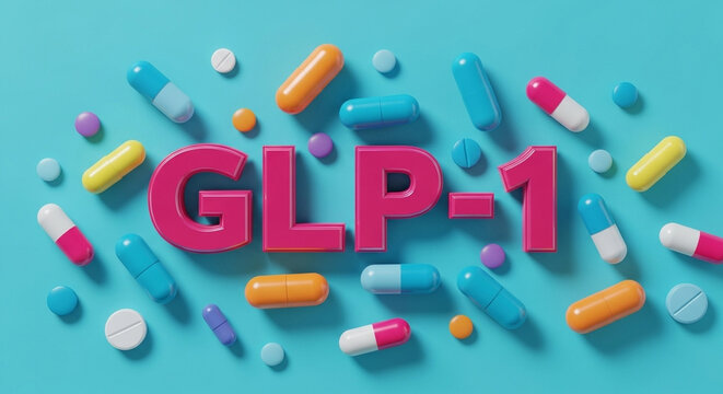 A colorful arrangement of glp 1 text and various pills on a light blue background in a studio shot