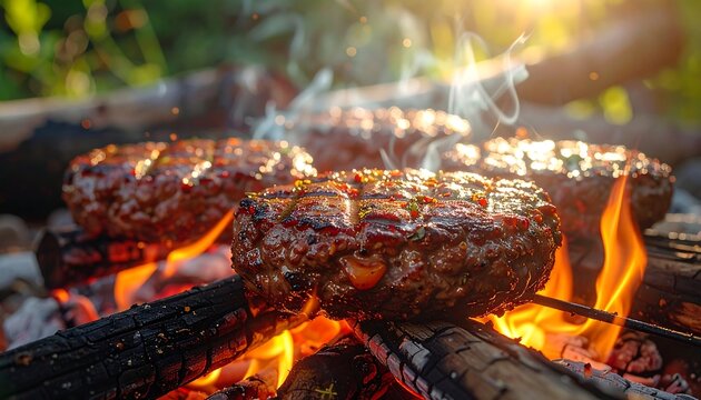 Sizzling burger patties cooking on an open campfire with vibrant flames and lush green blurred background