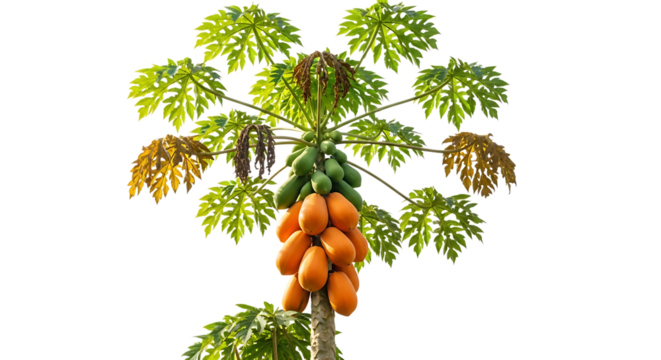 Ripe orange papayas and green unripe fruits, hang from a tropical tree with large green leaves, cutout, PNG isolated on white or transparent background - Powered by Adobe