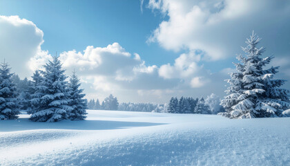Serene winter landscape with snow covered trees under bright blue sky and fluffy clouds
