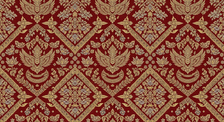 Exquisite Thai Silk Pattern with Intricate Gold Garudas and Floral Motifs Featuring Traditional Southeast Asian Textile Design and Elegant Backdrop with Cultural Significance