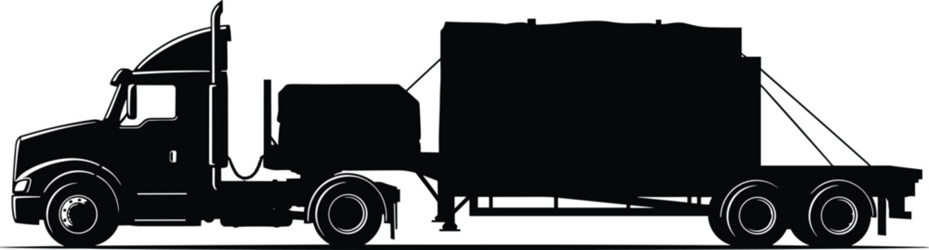 Black silhouette of a semi truck with a flatbed trailer carrying cargo, truck, semi truck, tractor trailer, lorry, freight truck, cargo truck, transportation, logistics, delivery, hauling, transport, 