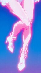 Fototapeta premium Abstract neon art showcasing vibrant pink legs in heels against a gradient blue background, perfect for fashion or modern design themes.