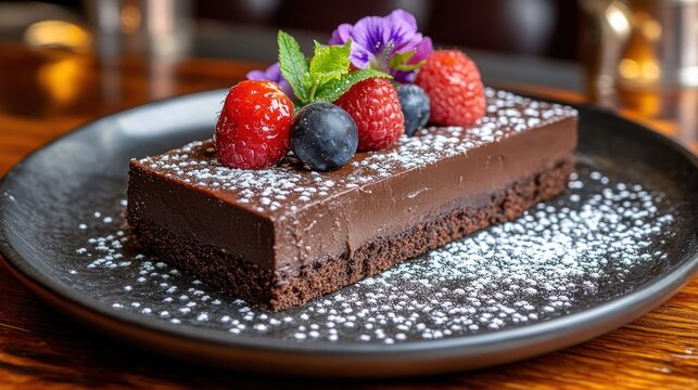 Chocolate dessert with berries and flowers