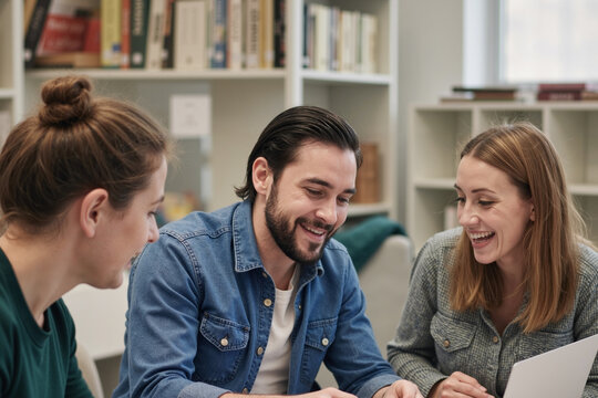 Three young adults, two Caucasian women and one Caucasian man, sitting together at table, smiling and collaborating on project in modern library or office setting