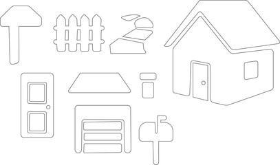 Collection of web icons set.Collection of web icons featuring various house designs and related symbols for digital use.. Flat vector graphic symbols for baby, playtime, and kindergarten.