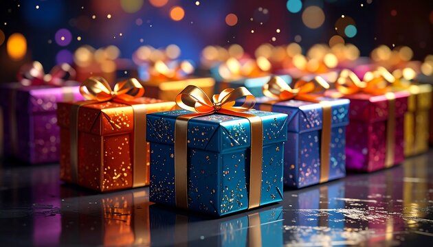 Row of colorful gift boxes tied with gold ribbons, bokeh lights in the background, sitting on a reflective surface - Powered by Adobe