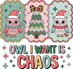 Obraz premium “Owl I Want Is Chaos” – Funny Owl Christmas Shirt in Retro Pastel Colors
