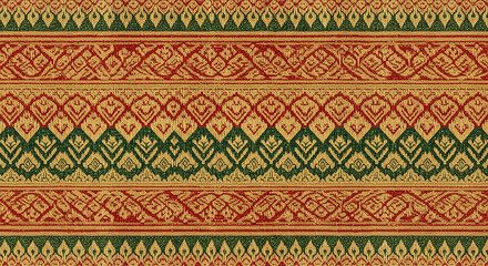 Traditional Thai Textile Pattern with Decorative Borders Featuring Intricate Floral and Geometric Designs in Gold, Red, and Green, Displaying Cultural Artistry and Refined Ornamentation