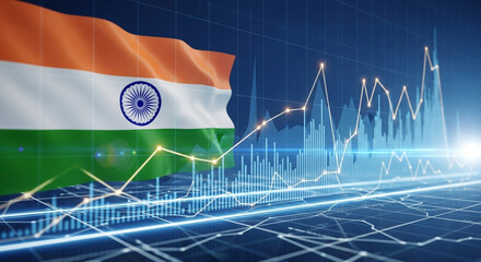Indian flag with stock market graph showing economic growth and financial data analysis concept design