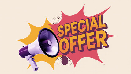 A promotional image featuring a megaphone and a special offer burst on a light background
