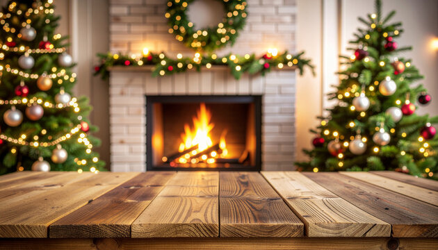 Cozy Christmas scene with wooden table, fireplace, and decorated trees, creating warm holiday atmosphere