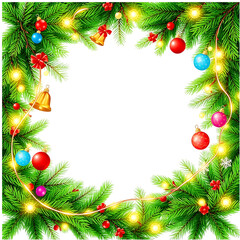 Christmas frame with fir branches, pine cones, and holiday decorations border