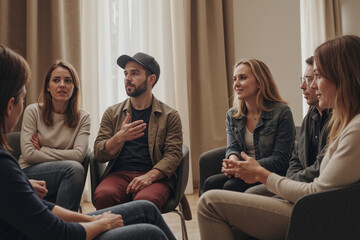 Group of young adult Caucasian men and women sitting in circle engaging in discussion, gesturing and listening attentively during support group meeting in bright room