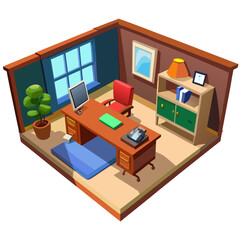 Isometric office room interior with desk, computer, chair, and shelf
