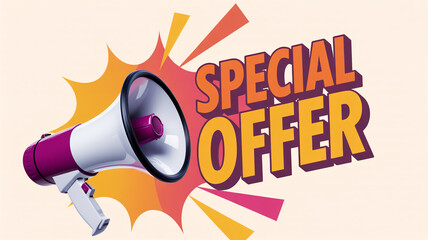 A megaphone with special offer text and burst design on a light background for promotion and marketing