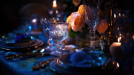 Elegant table setting with glasses and flowers illuminated by candlelight