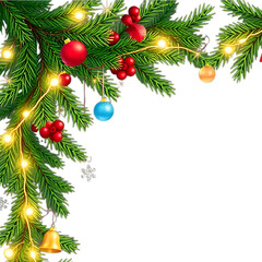 🎄 Christmas pine tree branch with red and gold ball ornaments border frame