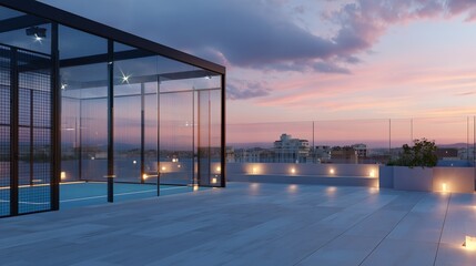 Naklejka premium Modern rooftop sports court under colorful sunset in an urban setting