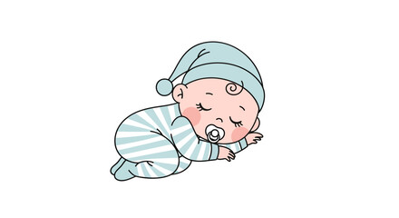Obraz premium Adorable sleeping baby in striped pajamas and a nightcap resting peacefully illustration