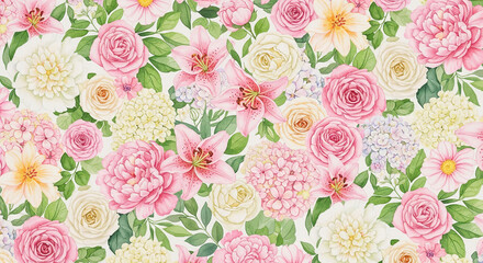 Delicate Watercolor Floral Pattern Featuring Pink Roses Lilies and Hydrangeas on a White Background Perfect for Feminine Designs and Springtime Themes With Detailed Blossoms